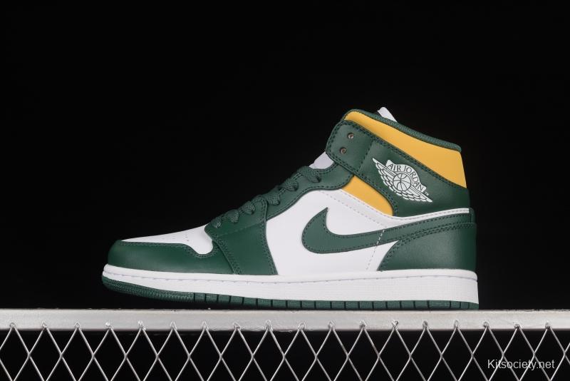 Air Jordan 1 Mid Green Yellow AJ White Green Yellow Seattle SuperSonics  554724-371 - Kitsociety